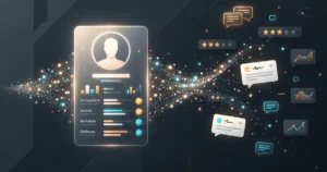شظايا بيانات من رسائل وتقييمات تتجمع في بطاقة ملف شخصية العميل المثالي