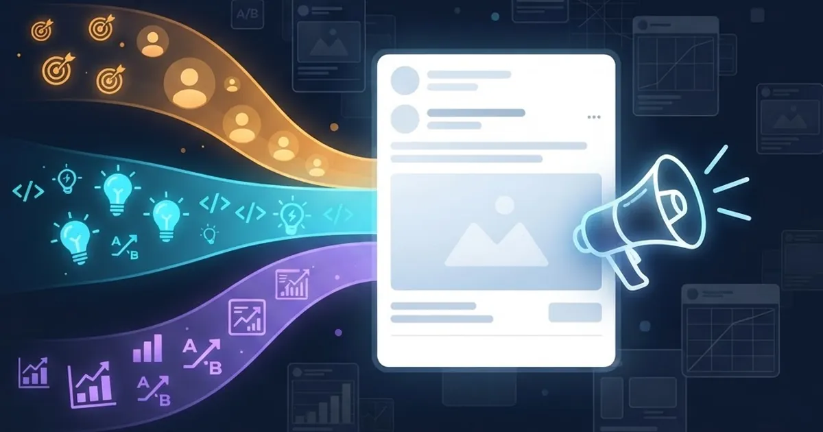 بطاقة إعلان سوشيال ميديا تتغذى من ثلاثة تدفقات مضيئة تمثل الجمهور والزاوية والاختبار