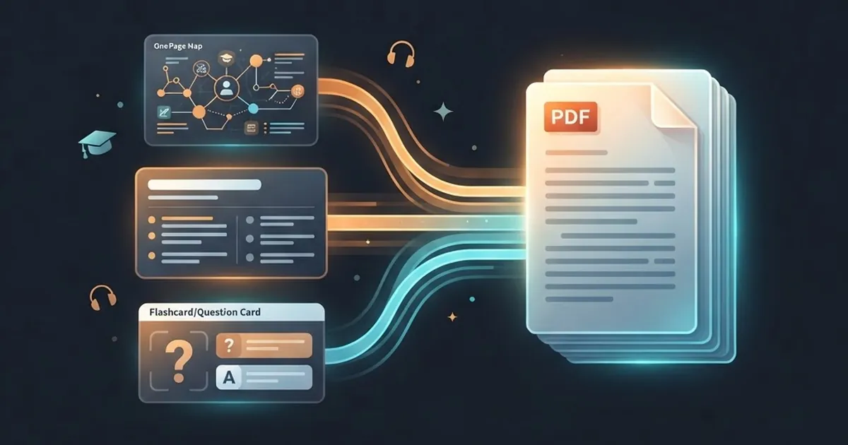 ملف PDF سميك يتحول إلى ثلاث طبقات دراسية: خريطة وملخص وبطاقات أسئلة