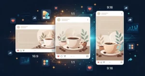 ثلاث بطاقات تصميم سوشيال ميديا بمقاسات مختلفة حول مشهد قهوة بألوان دافئة
