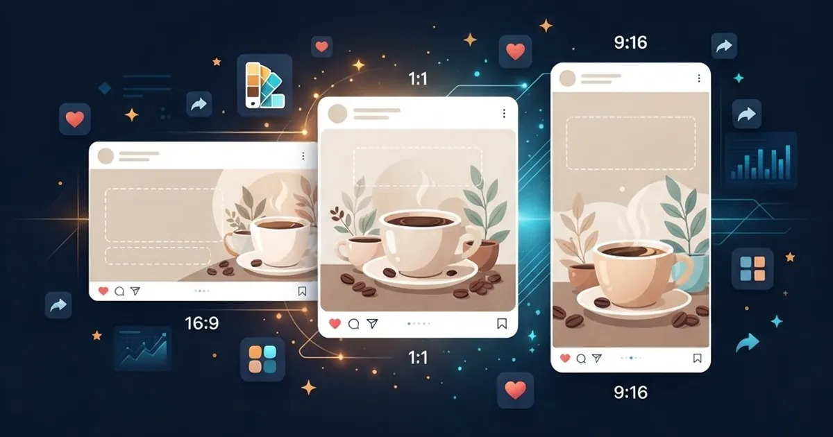 ثلاث بطاقات تصميم سوشيال ميديا بمقاسات مختلفة حول مشهد قهوة بألوان دافئة
