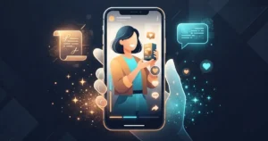 هاتف يعرض فيديو سيلفي بأسلوب UGC لشخصية تحمل منتجًا مع أيقونات تفاعل
