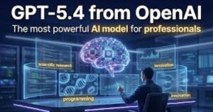 رسم دماغ رقمي وشاشات بحث وبرمجة يحمل عنوان GPT-5.4