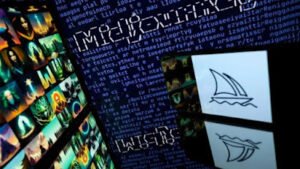 شعار Midjourney على حاسوب محاط بصور مولدة