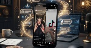 هاتف يعرض فيديو قصير بجوار رموز تفاعل وتحليلات
