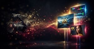 كاميرا فيديو أمام شاشات تعرض درجات دقة مختلفة
