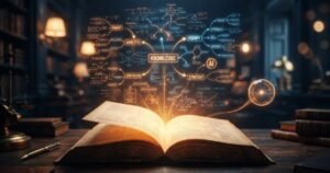 كتاب مفتوح تتصاعد منه رسوم وأفكار مضيئة