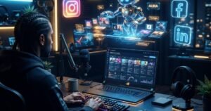 صانع محتوى أمام برنامج مونتاج وأيقونات منصات التواصل