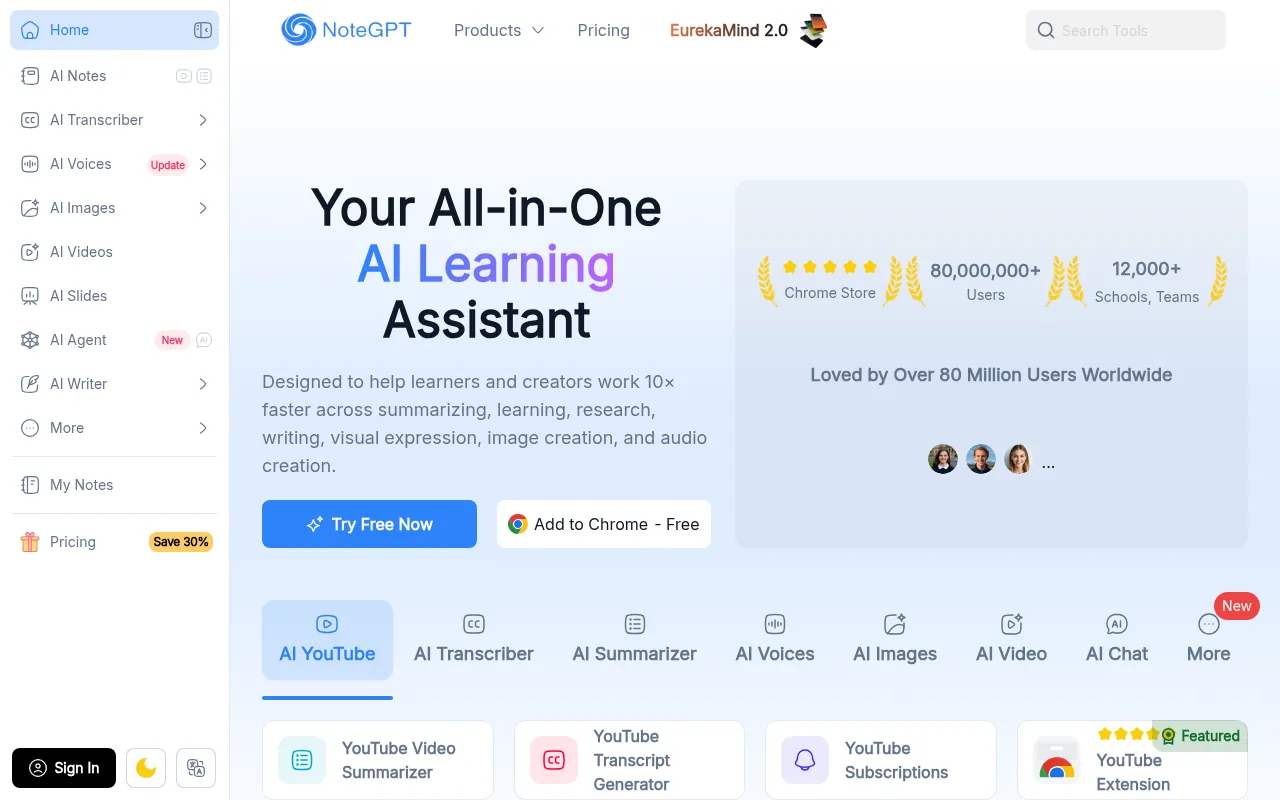 واجهة NoteGPT وأدواتها لتلخيص فيديوهات يوتيوب واستخراج النص